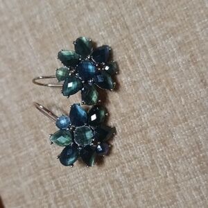 Liz Claiborne Gold Tone Blue/Green Rhinestone Flower Drop Earrings